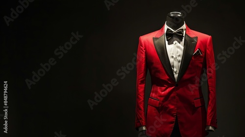 Red tailored suit, tuxedo displayed on a mannequin, isolated against a black background photo