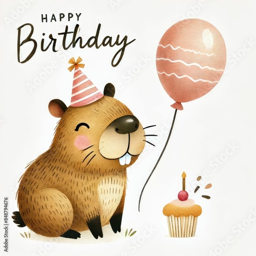 capibara and birthday element. earth tone color, watercolor illustration, Perfect for nursery art, simple clipart, single object, white color background.