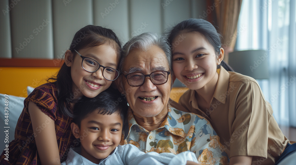 Obraz premium the joy of the grandson and grandfather's family after recovery. aii generated