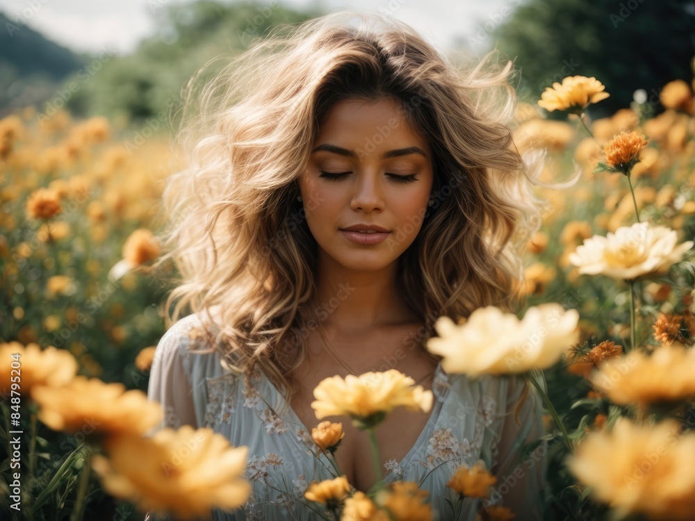 woman in a field of flowers woman in a field of flowers