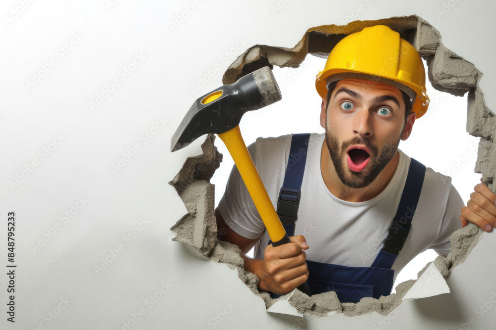 builder with a sledgehammer peeking through hole in white wall hole builder with a sledgehammer peeking through hole in white wall hole