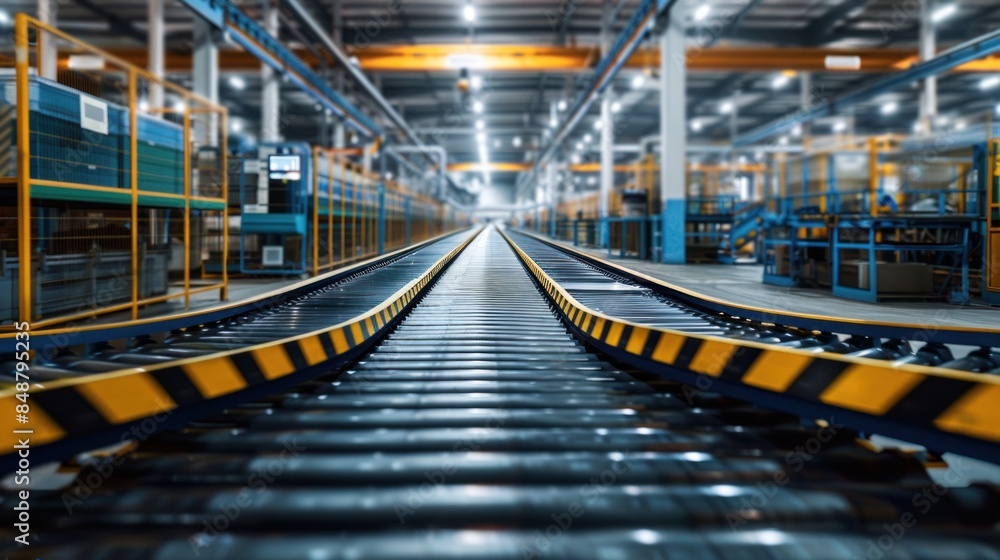 Fototapeta premium A modern smart factory interior with an empty conveyor belt system. Efficient Production Line. Industrial Automation Concept.