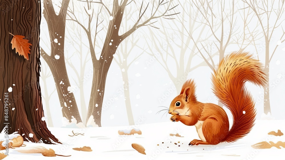 Fototapeta premium Cute red squirrel in snowy forest drawing. The little animal is sitting and eating a nut. Winter scene with falling snowflakes and bare trees. Great for nature inspired artwork. AI