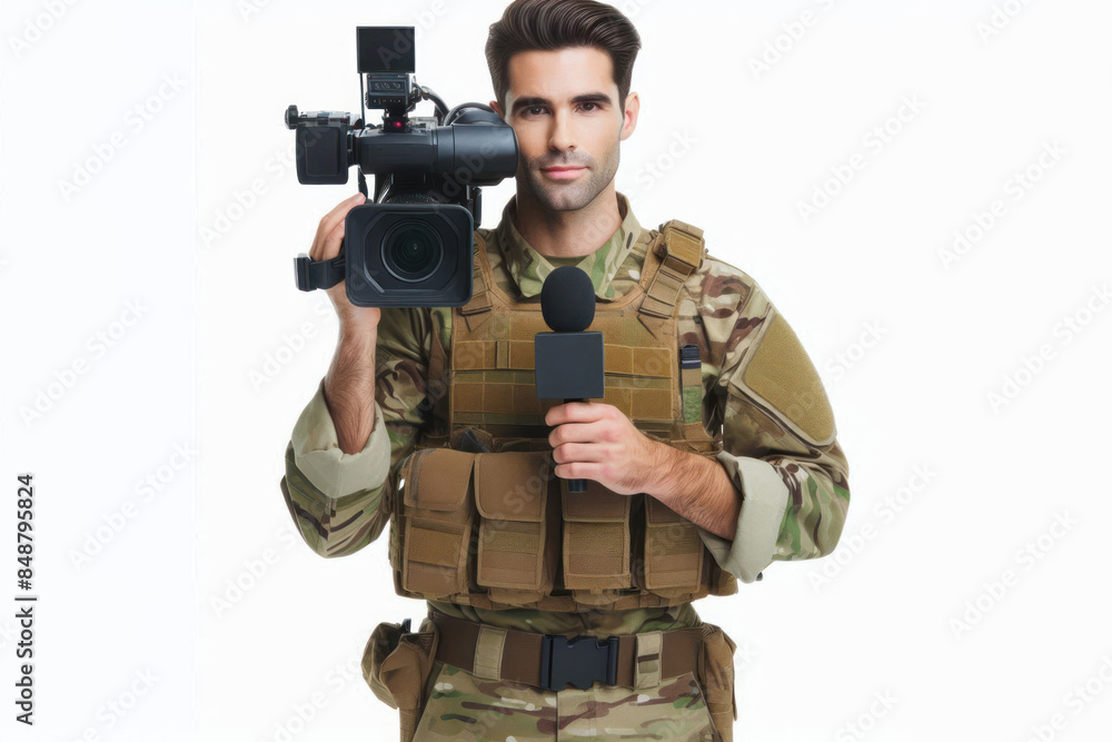 Military journalist with a microphone in a bulletproof vest and helmet on live broadcast Isolated Military journalist with a microphone in a bulletproof vest and helmet on live broadcast Isolated