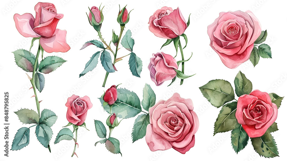 Set of rose watercolor elements , Set of roses and leaves, watercolor clipart, hand drawing, botanical illustration , Watercolor image of a set of rose flowers on a white background , Rose elements
Set of rose watercolor elements , Set of roses and leaves, watercolor clipart, hand drawing, botanical illustration , Watercolor image of a set of rose flowers on a white background , Rose elements