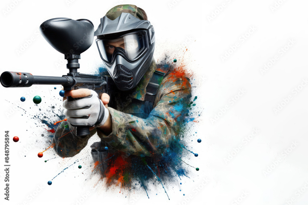 Obraz premium Paintball player shoots paint balls Isolated on white background
