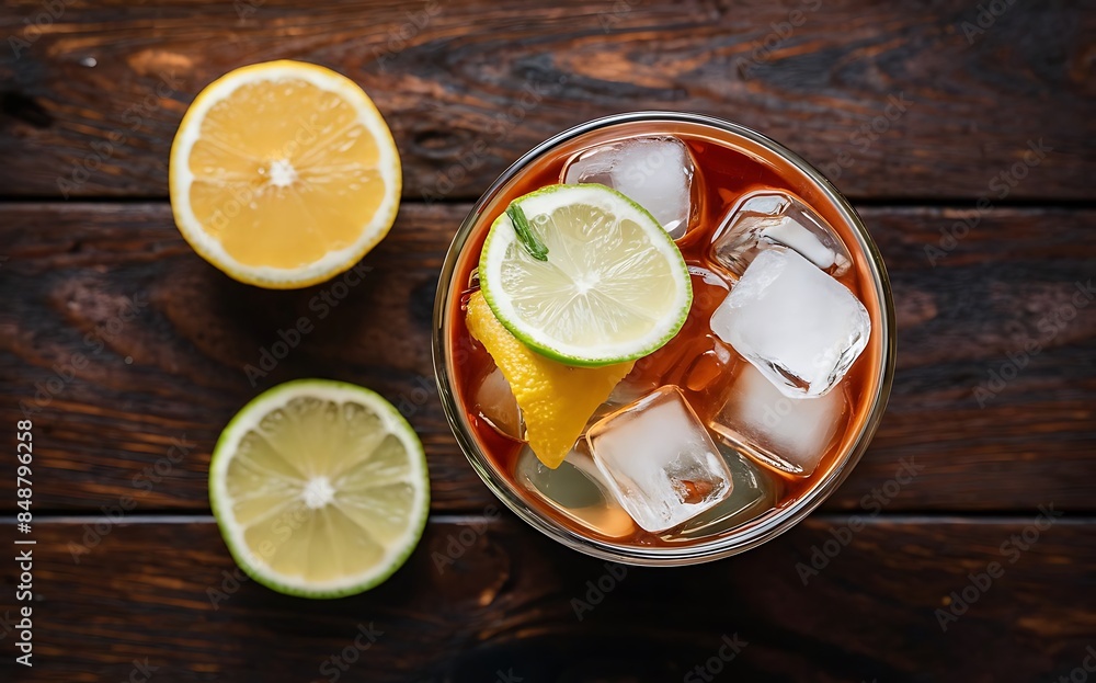 Delicious alcoholic cocktail with lemon and lime pieces of ice on a wooden background Delicious alcoholic cocktail with lemon and lime pieces of ice on a wooden background