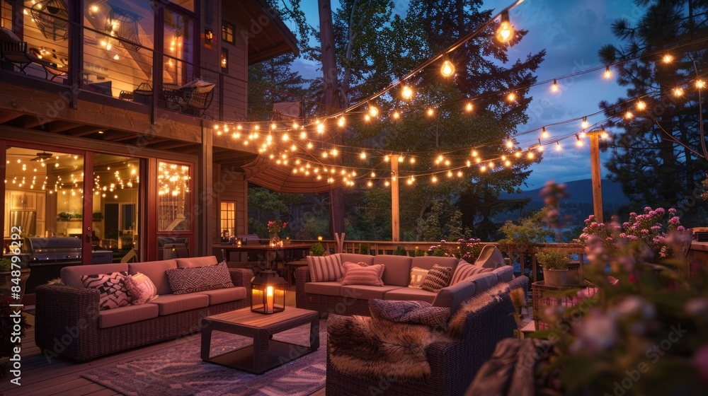An outdoor patio with string lights, cozy seating, and warm lighting. Perfect for Summer Nights and Relaxing Ambiance. An outdoor patio with string lights, cozy seating, and warm lighting. Perfect for Summer Nights and Relaxing Ambiance.