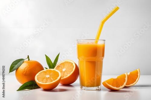 large glass of fresh orange juice with cocktail straw and slice of orange. Generative AI