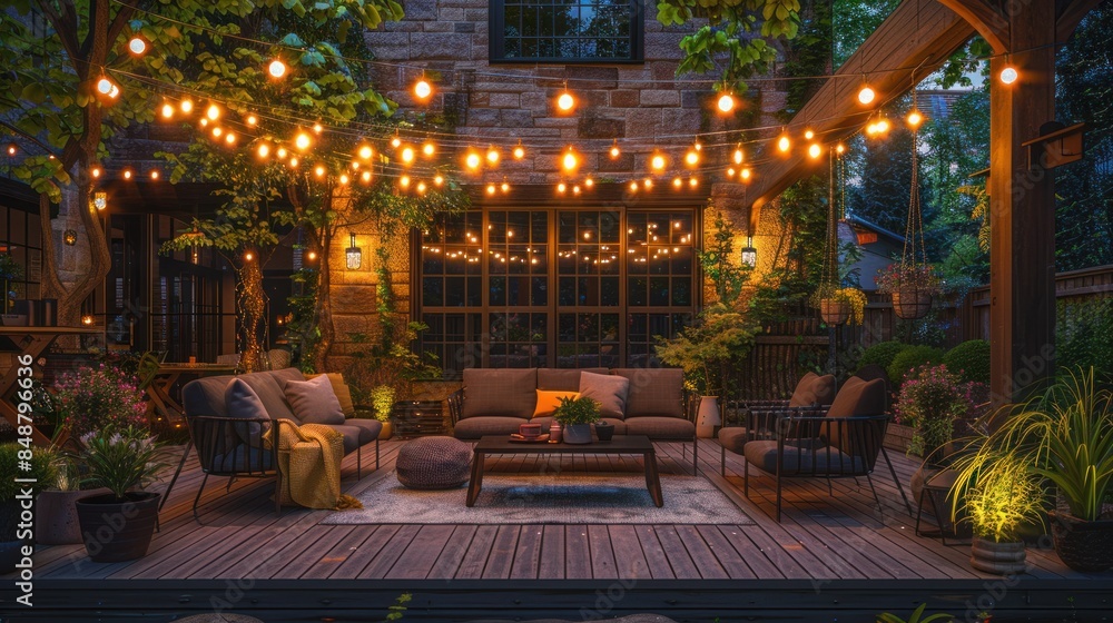 An outdoor patio with string lights, cozy seating, and warm lighting. Perfect for Summer Nights and Relaxing Ambiance. An outdoor patio with string lights, cozy seating, and warm lighting. Perfect for Summer Nights and Relaxing Ambiance.