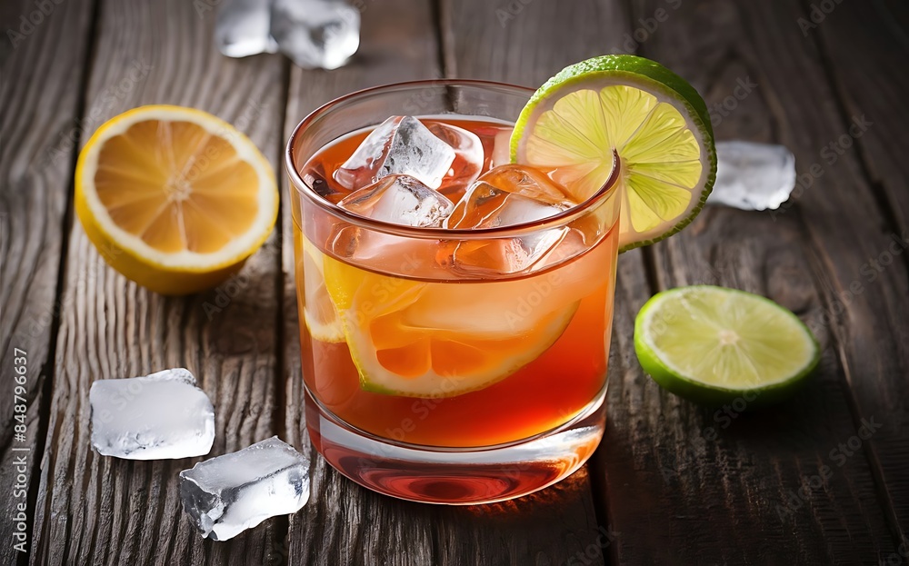 Delicious alcoholic cocktail with lemon and lime pieces of ice on a wooden background Delicious alcoholic cocktail with lemon and lime pieces of ice on a wooden background