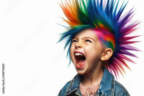 little woman with colorful dyed hair mohawk hairstyle, screaming Isolated
