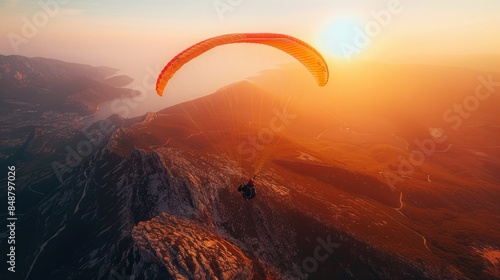 An aerial view of the majestic mountain range while paragliding. A paraglider soars above a breathtaking mountain landscape at sunset, capturing the thrill of adventure and freedom. photo