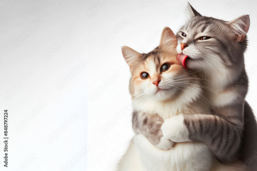 Two cats close together, looks like lovers, one is licking another fur with eyes Isolated Two cats close together, looks like lovers, one is licking another fur with eyes Isolated