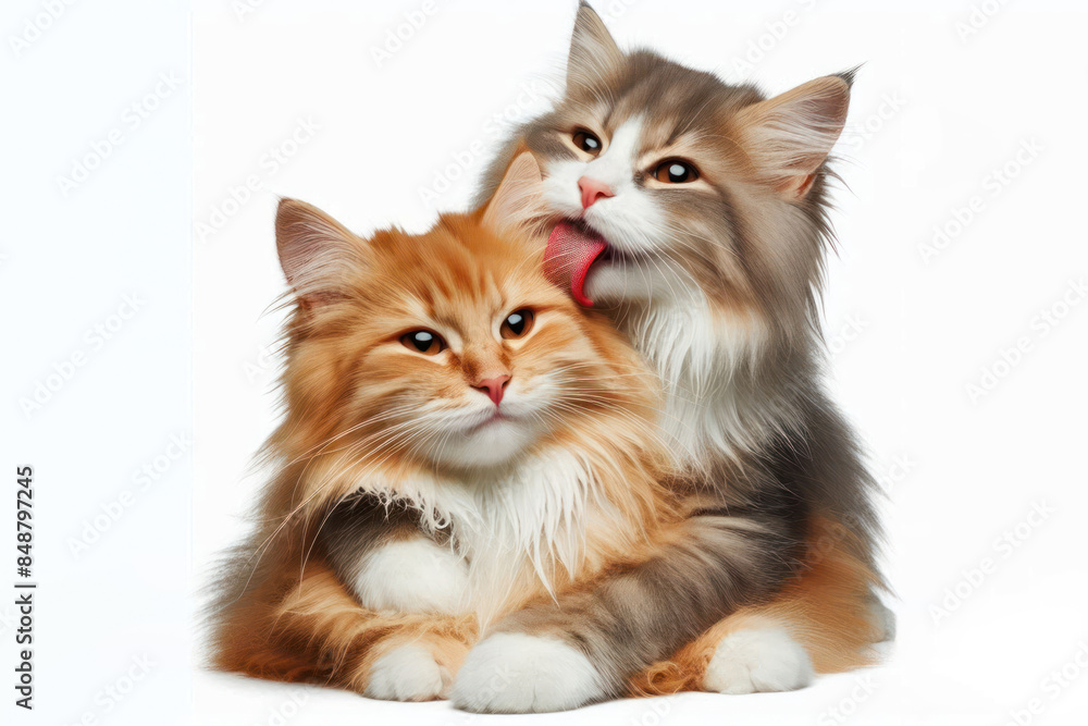 Two cats close together, looks like lovers, one is licking another fur with eyes Isolated Two cats close together, looks like lovers, one is licking another fur with eyes Isolated