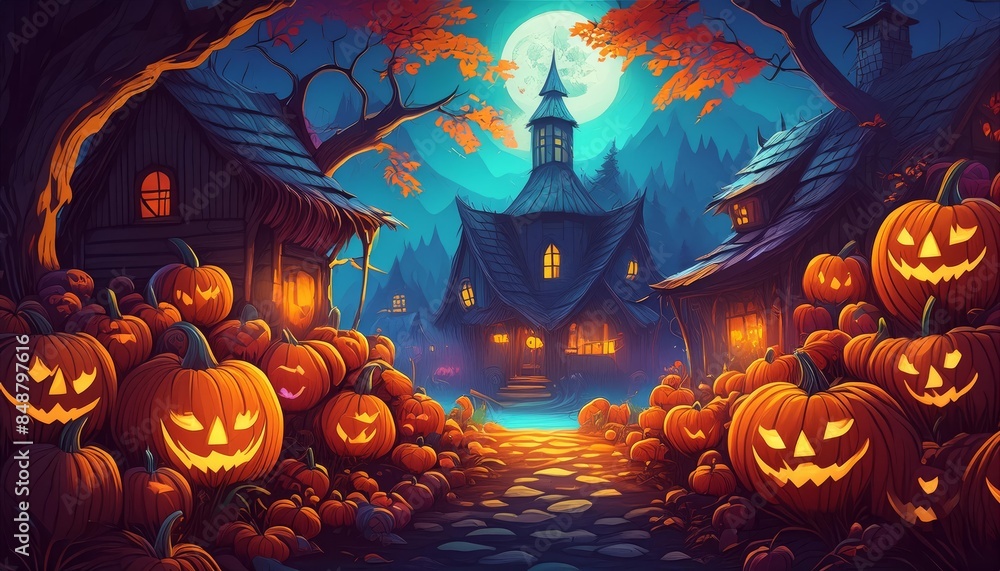 Halloween Night Scene - Pumpkins and Haunted House, Spooky Atmosphere Halloween Night Scene - Pumpkins and Haunted House, Spooky Atmosphere