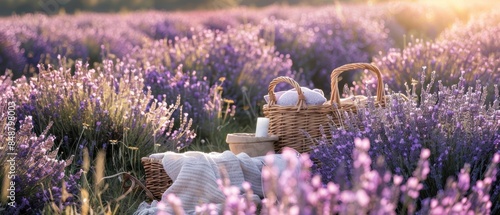 Charming picnic in a lavender field, wicker baskets and flowers, cozy blankets, peaceful and tranquil ambiance, sunlit and vibrant