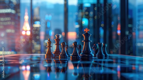 Chess figures on a reflective board in an office, overlay with planning graphs, focus on strategic thinking, soothing evening hues, cityscape through windows
