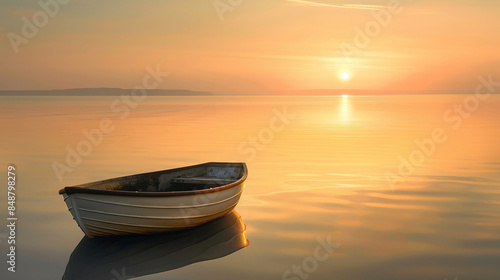 A breathtaking sunset envelops the horizon, casting its final rays on the solitary boat anchored along the calm seas