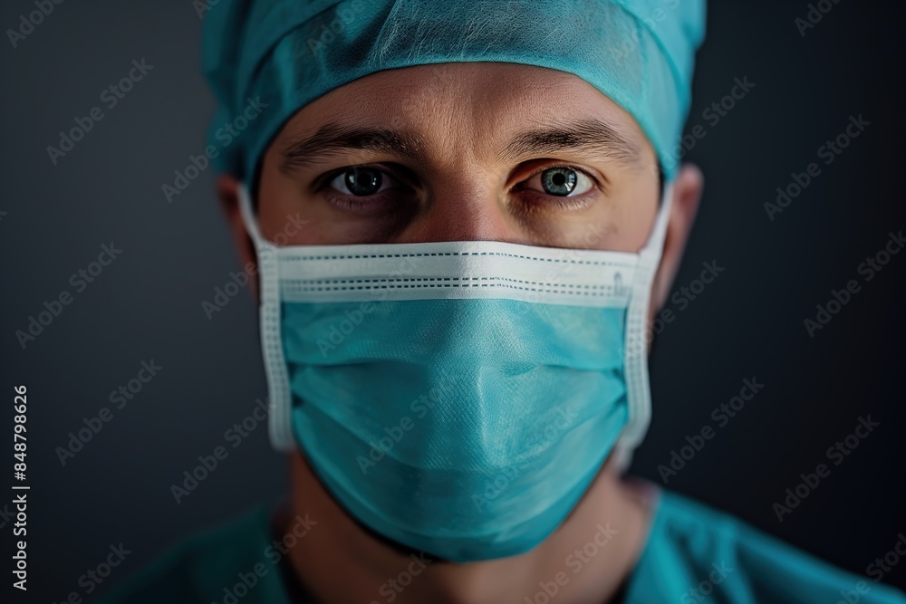 A closeup portrait of an English male doctor wearing blue scrubs and medical mask, with focused eyes looking into the camera, against dark background A closeup portrait of an English male doctor wearing blue scrubs and medical mask, with focused eyes looking into the camera, against dark background