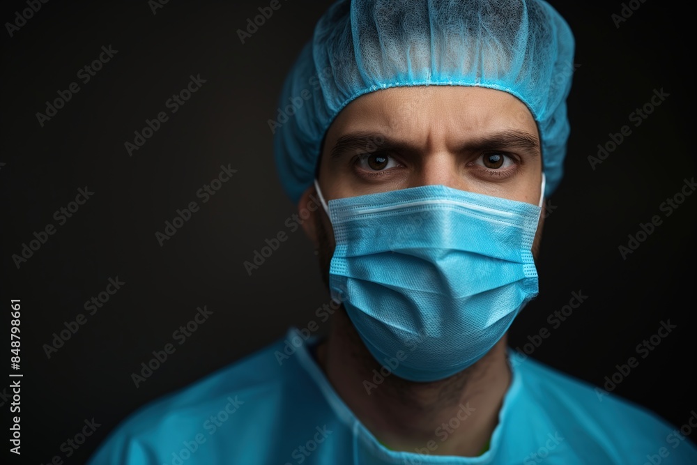 A closeup portrait of an English male doctor wearing blue scrubs and medical mask, with focused eyes looking into the camera, against dark background A closeup portrait of an English male doctor wearing blue scrubs and medical mask, with focused eyes looking into the camera, against dark background