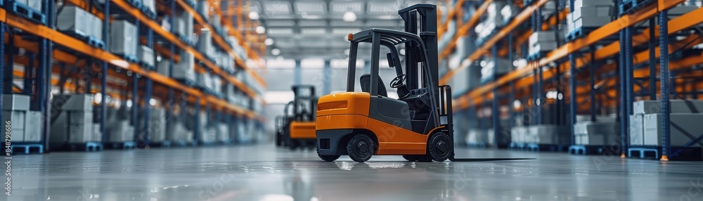 Modern warehouse interior with an orange forklift in the foreground and shelves stacked with boxes in the background.