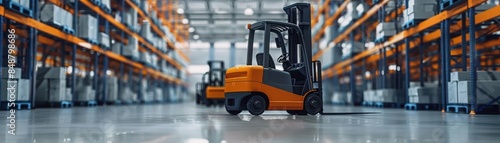 Modern warehouse interior with an orange forklift in the foreground and shelves stacked with boxes in the background.