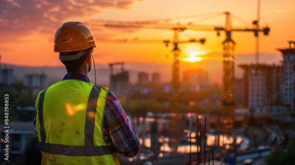 Construction worker in safety gear observing a construction site at sunset, focus on cranes and building framework, urban development scene Construction worker in safety gear observing a construction site at sunset, focus on cranes and building framework, urban development scene