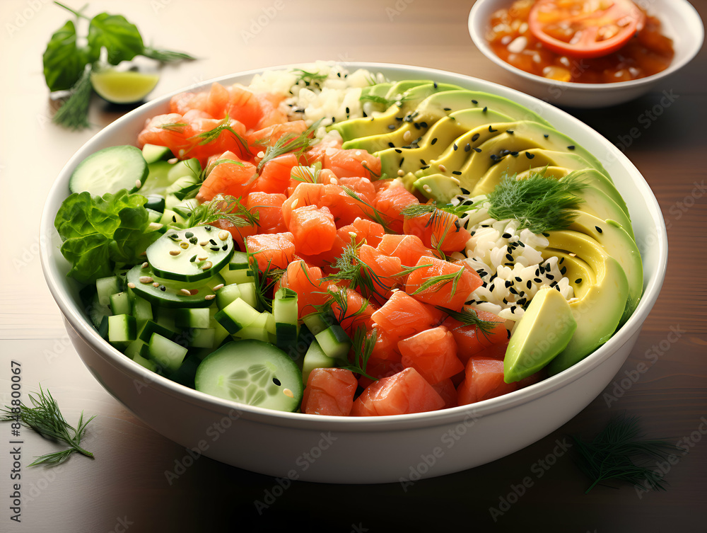 Salmon poke bowl with rice. cucumber. avocado. dill and sauce Salmon poke bowl with rice. cucumber. avocado. dill and sauce