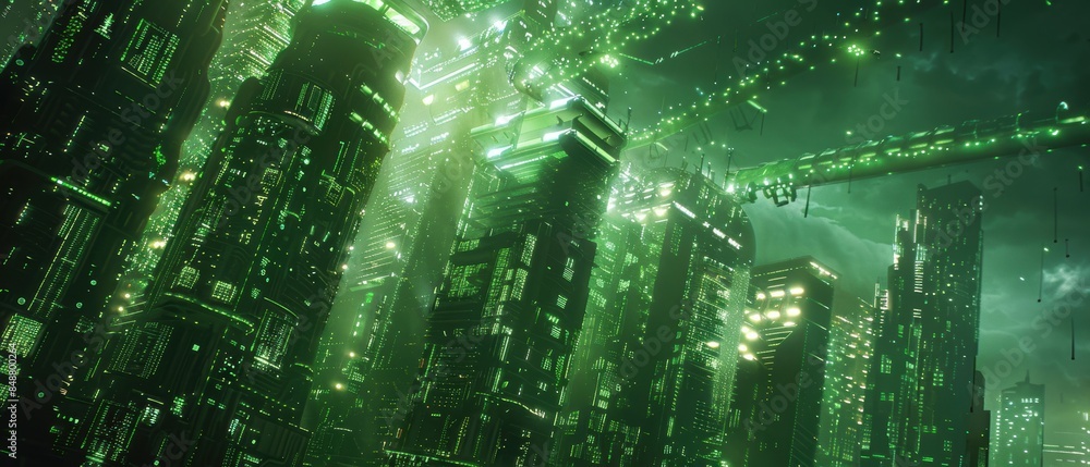 Green-themed futuristic city with digital connections and energy networks, showcasing advanced buildings and sustainable urban development Green-themed futuristic city with digital connections and energy networks, showcasing advanced buildings and sustainable urban development