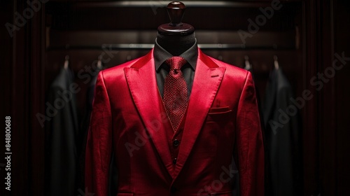 An isolated black background displays a mannequin in a red tailored suit, tuxedo, against a red background