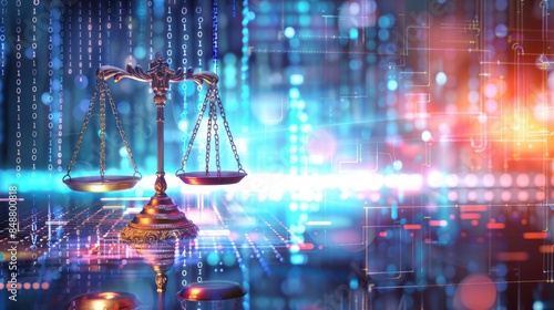 Illustration of a law scale on a reflective surface, with digital code glowing in the background, representing justice and technology