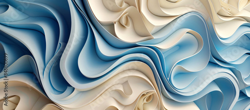 3D render of an abstract background with swirling shapes in blue and cream colors. The design is made from paper cutouts, with the texture visible through layers