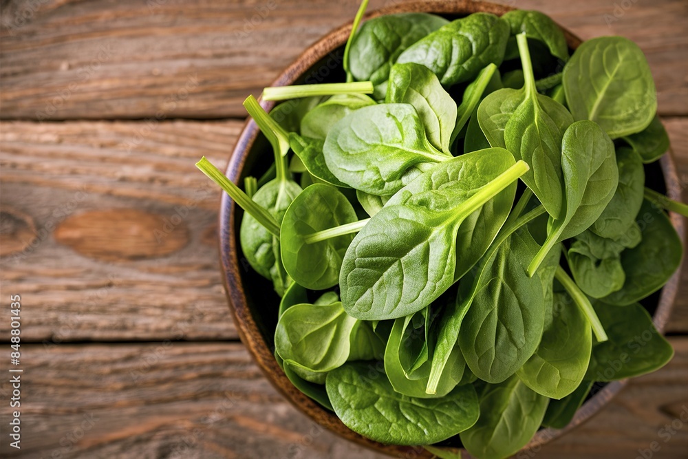 bowl of spinach, nestled on a wooden platter bowl of spinach, nestled on a wooden platter