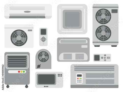 Set of vector illustrations of air conditioning systems. Antibacterial, Air Pollution, Air Filter