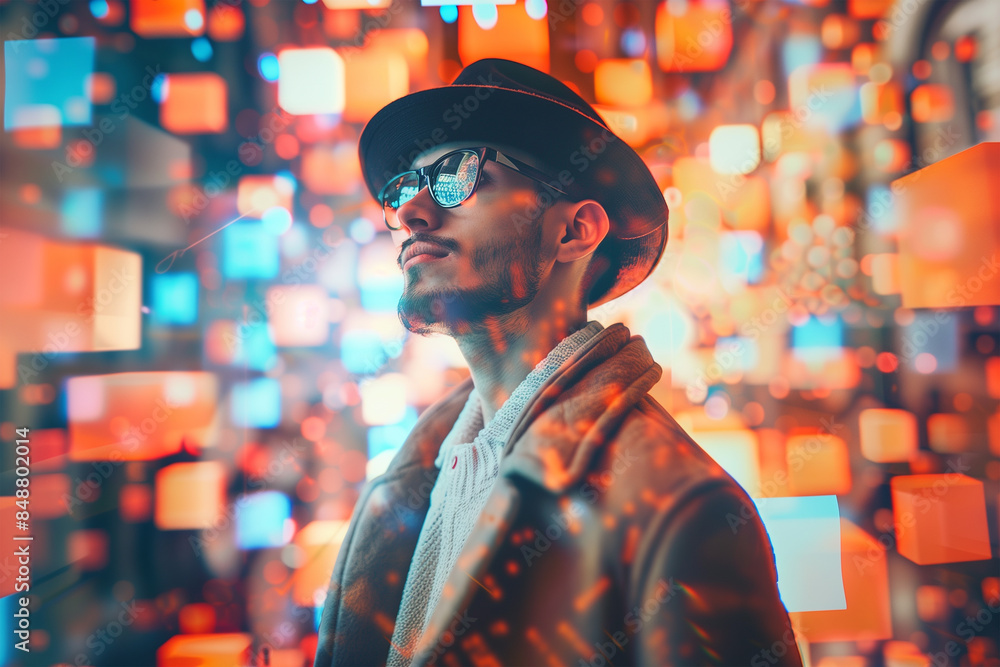 Young beautiful man posing surrounded with 3d objects background Young beautiful man posing surrounded with 3d objects background