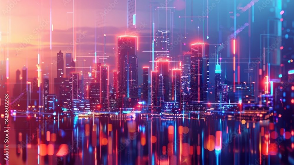 Abstract digital cityscape with neon lights, futuristic urban design, glowing geometric shapes and lines Abstract digital cityscape with neon lights, futuristic urban design, glowing geometric shapes and lines