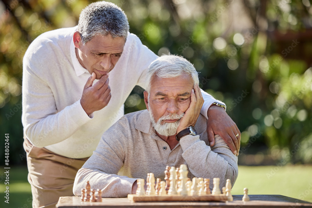 Together, elderly men and thinking for chess in garden with retirement, friends and strategy or idea in nature. People, social and diversity in countryside for senior man and board game in park Together, elderly men and thinking for chess in garden with retirement, friends and strategy or idea in nature. People, social and diversity in countryside for senior man and board game in park