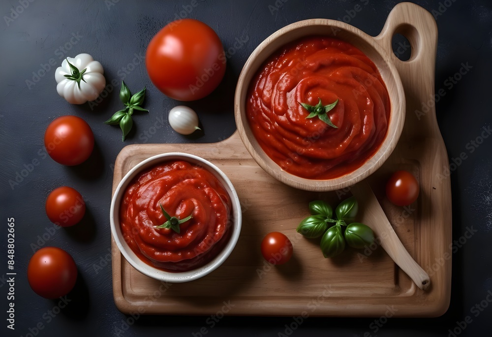 Tomato sauce on a wooden cutting board Tomato sauce on a wooden cutting board