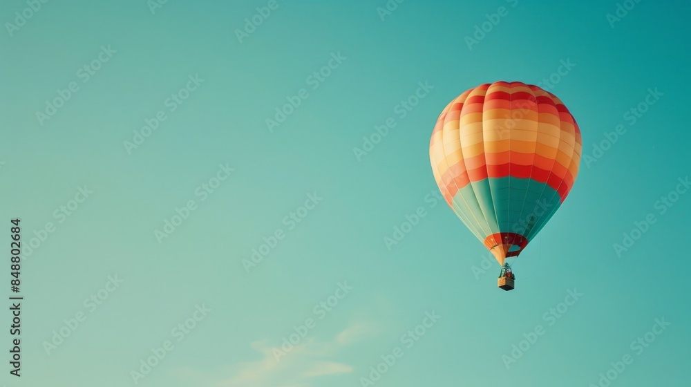 Fototapeta premium colorful hot air balloon drifting across a clear blue summer sky, blank space, airborne adventure, high contrast