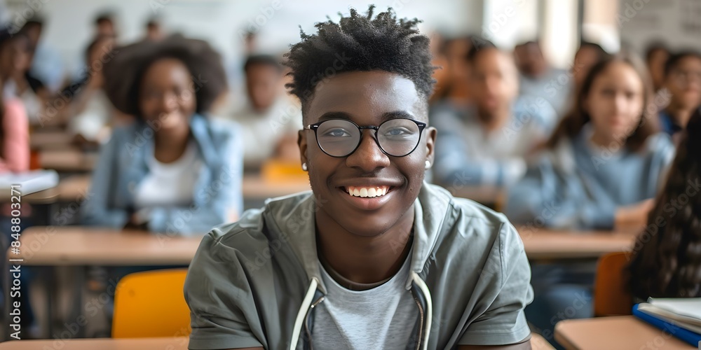 Cheerful black student in classroom engaging with camera during lecture. Concept School, Education, Classroom, Student Life, Photography Cheerful black student in classroom engaging with camera during lecture. Concept School, Education, Classroom, Student Life, Photography