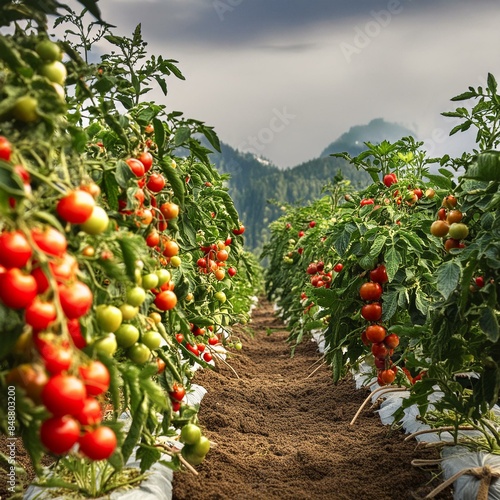 Plantation filled with tomato bushes bearing fragrant ripe fruits