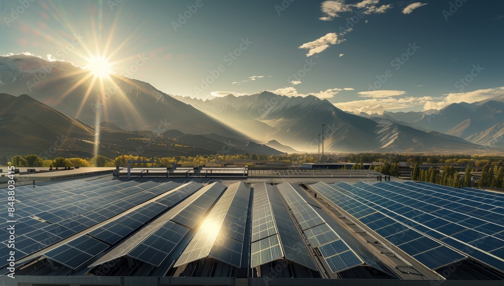 Obraz premium A breathtaking solar power plant situated in a picturesque mountain landscape, harnessing renewable energy from the sun. The scenic view offers a glimpse into the future of clean, sustainable energy