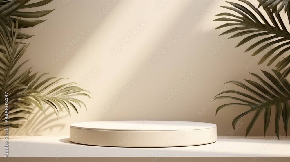 Empty stone pedestal with green leaves modern background. Product display design, mockup template Empty stone pedestal with green leaves modern background. Product display design, mockup template