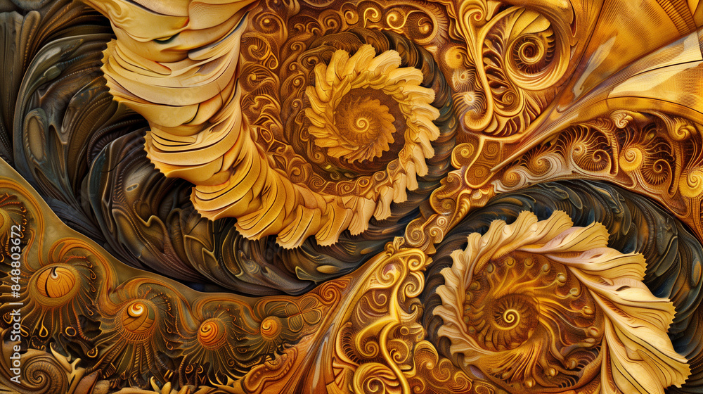 The patterns are complex, even unreal, full of spiral lines in intense shades of yellow and golden brown. The transition from light to deep tones creates the impression of depth and movement. The patterns are complex, even unreal, full of spiral lines in intense shades of yellow and golden brown. The transition from light to deep tones creates the impression of depth and movement.