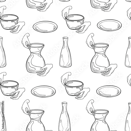 Women's hands holding clay crockery ink silhouette hand drawn seamless pattern. Two hands making a ceramic pot painted black white vector background. Pottery vase and human fingers in outline