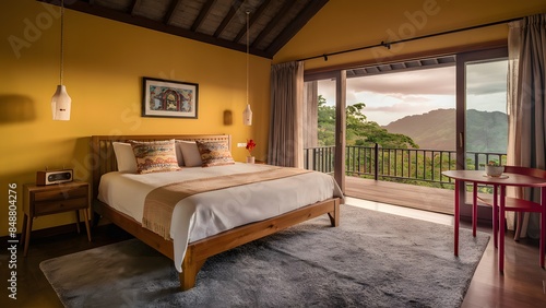 cozy bedroom, yellow walls, king-sized bed, wooden frame, pendant lights, large glass doors, mountain view, modern decor, warm lighting, balcony, serene atmosphere photo