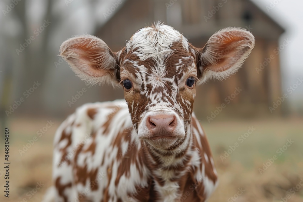 Baby Calf: A brown and white spotted calf, standing next to a barn in a countryside field. Baby Calf: A brown and white spotted calf, standing next to a barn in a countryside field.