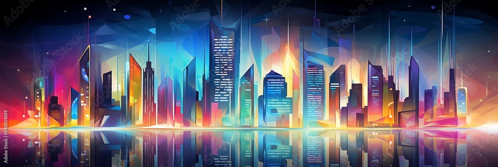 an abstract cityscape featuring a towering skyscraper, a bustling street, and a serene river flowing through it an abstract cityscape featuring a towering skyscraper, a bustling street, and a serene river flowing through it
