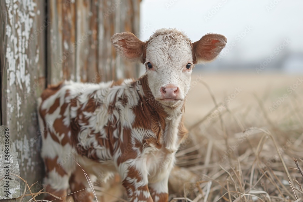 Fototapeta premium Baby Calf: A brown and white spotted calf, standing next to a barn in a countryside field.